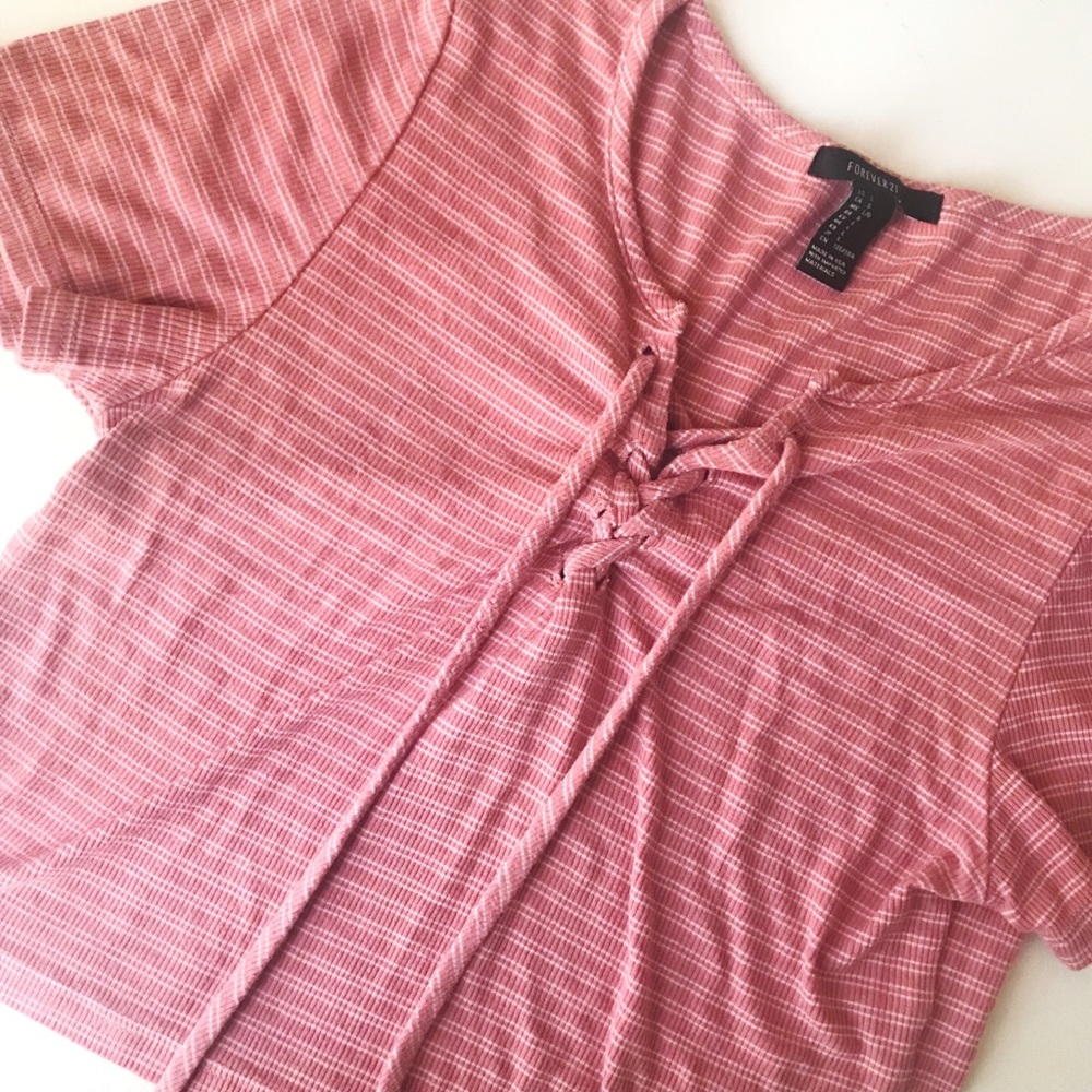 Forever 21 pink/ white stripe lace up crop top L